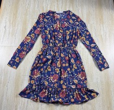 JustFab Floral Dress Womens M Blue Multicolor Boho Long Sleeve Ruffle Sheer 
