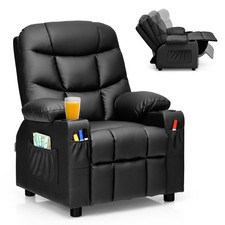 Honeyjoy Kids Youth Recliner Chair PU Leather w/Cup Holders  Side Pockets Black