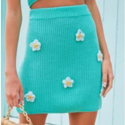 BaeVely Teal Knit Crochet Flower Applique Preppy Boho Mini Skirt Women's L
