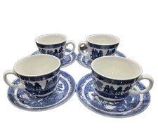 Modern Set of 4 Johnson Bros Willow Blue & White Cups w Saucers England MINT