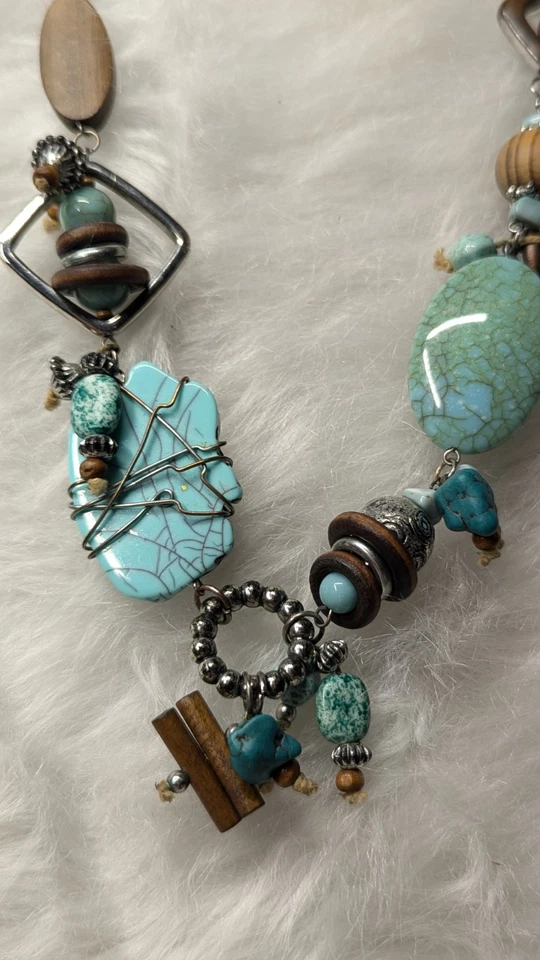Collar Chicos Tono Turquesa y Plata Piedra Cuentas Impresionantemente Ecléctico 20" Foto 2 de 4
