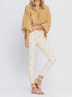 Judy Blue NWT Floral Skinny Jeans Mid Rise White Yellow JB8809 Size 9 (29)