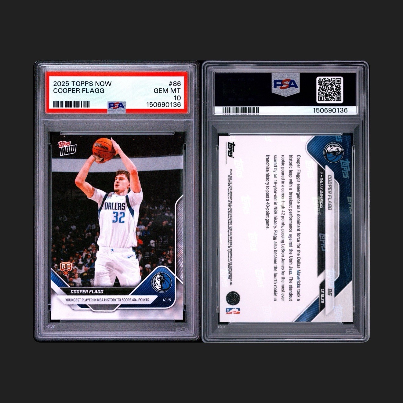 PSA 10 GEM MT RC Cooper Flagg #86 2025 Topps NOW Youngest 40+ PTS NBA History view 3