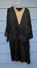 Antique 1920s Black Silk Satin Flapper Drop Waist Dress Tapestry Lace Collar
