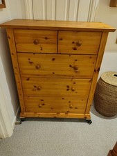 Large, Deep, Pine Chest Of 5 Drawers With Casters