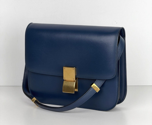 Celine Classic Box Bag Medium Blue Calfskin Leather Gold-Tone Hardware R1