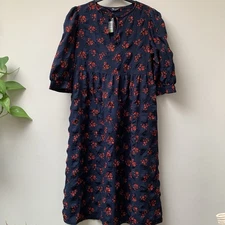 M&S Floral Midi Dress Size UK 12 Navy Blue Red Textured NEW NWT Marks Spencer