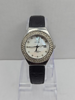 Womens Visage Silver Tone MOP Pave Crystal Quartz Date 30MM Watch New Battery 