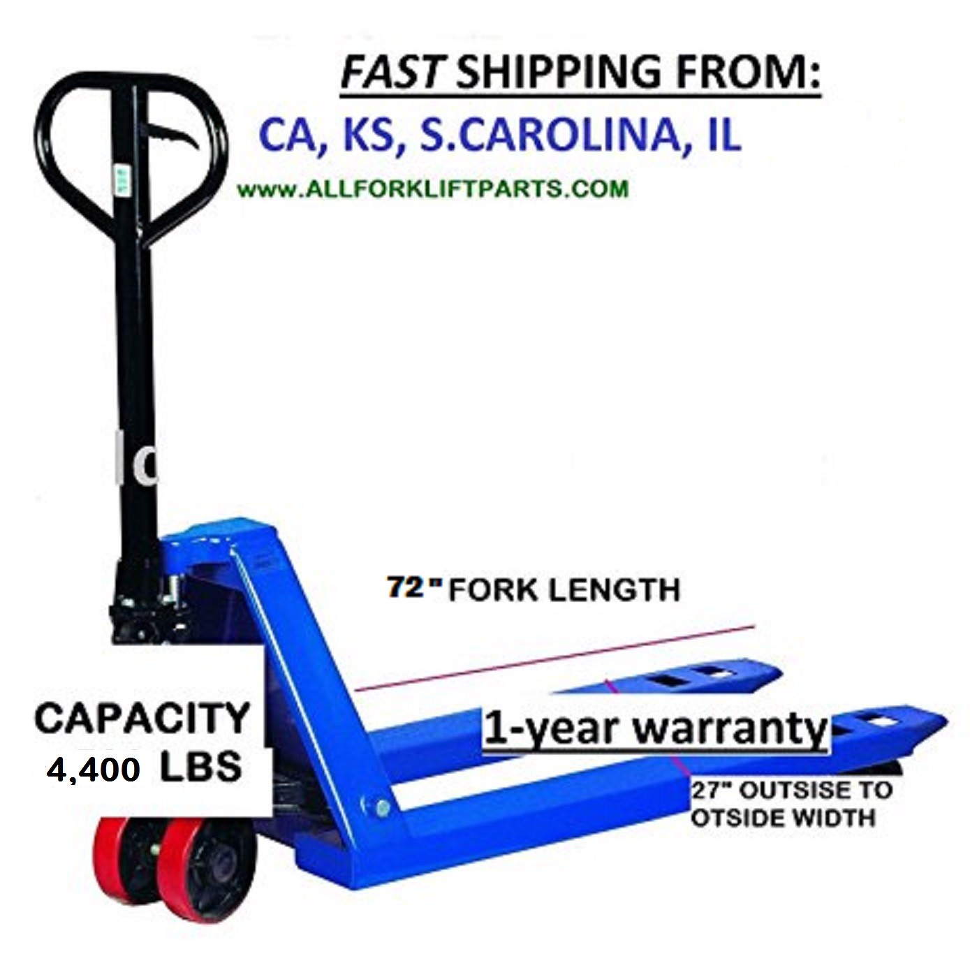 PALLET TRUCK PALLET JACK 4400 lb 27X72 PALLET JACK HAND TRUCK 6 FT 6 ...