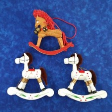 Wood Rocking Horse Christmas Ornaments Red White Lot Of 3