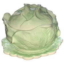 Vtg 3pc Green Cabbage Lettuce Ware  Bowl Lid Serving Plate Tureen Holland Mold