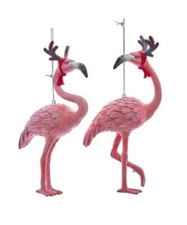 Set of 2 FLAMINGO Wearing Reindeer Antlers Christmas Ornament by Kurt Adler