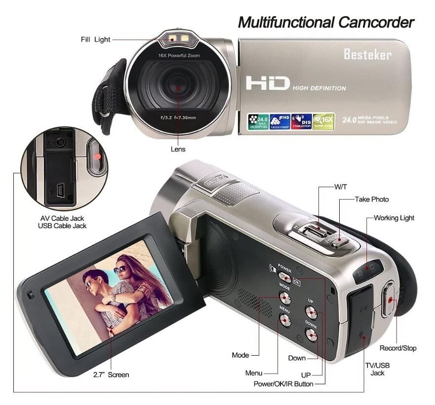 Besteker HDV-312P Video Camcorder 1920 x 1080 Full HD - Gray 