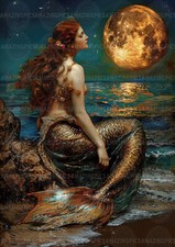 Meerjungfrau unter Vollmond Kunstdruck, Fantasy Ozean Wanddeko Mythologisches Meer Q95