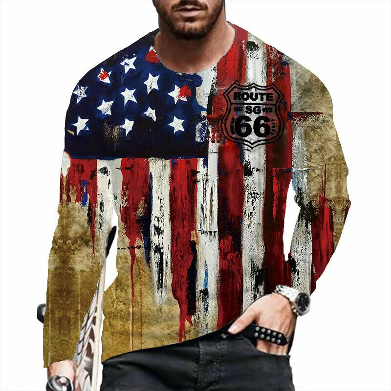 ⭐Camiseta Manga Larga Hombre Ruta 66 Gráfico Moda Camiseta Bandera Americana Top