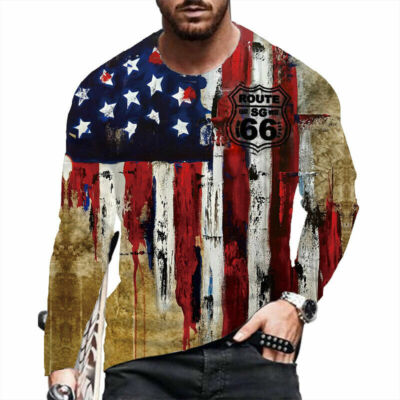 Camiseta Manga Larga Hombre Ruta 66 Gráfico Moda Camiseta Bandera Americana Top
