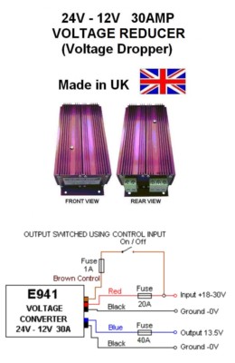 24V auf 12V SPANNUNGSREDUZIERER / 24V-12V VOLTAGE DROPPER DC-DC 30AMP 360W, E941