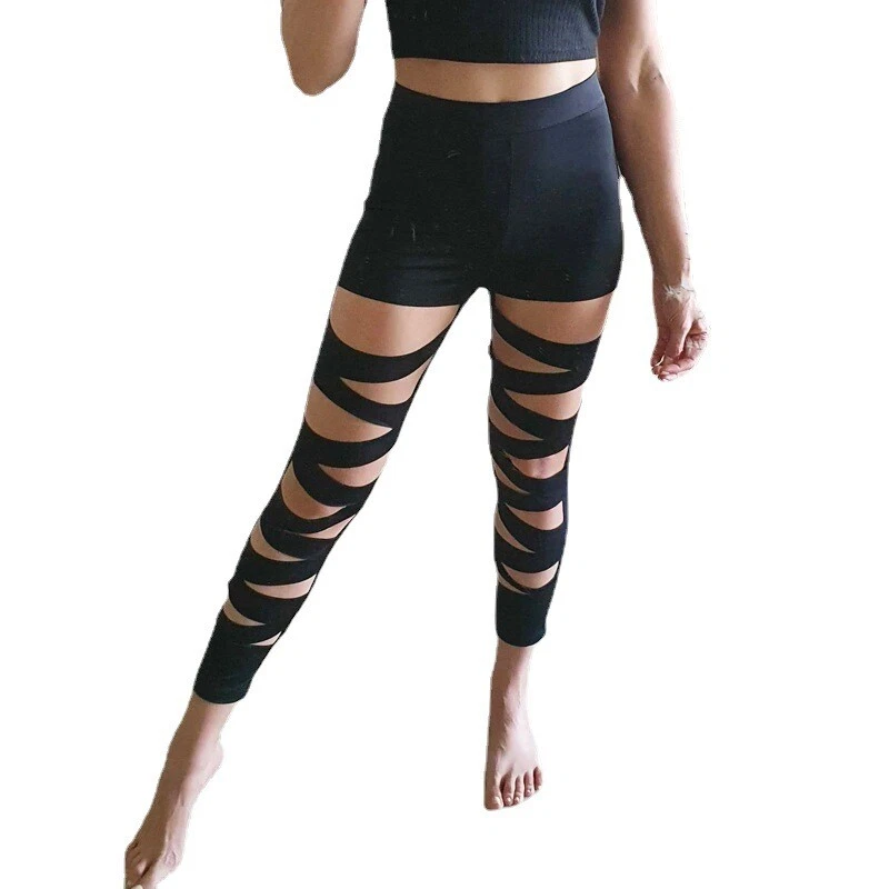 Women Bandage Cut Out Leggings Pencil Pants High Waist Skinny Yoga Fitness