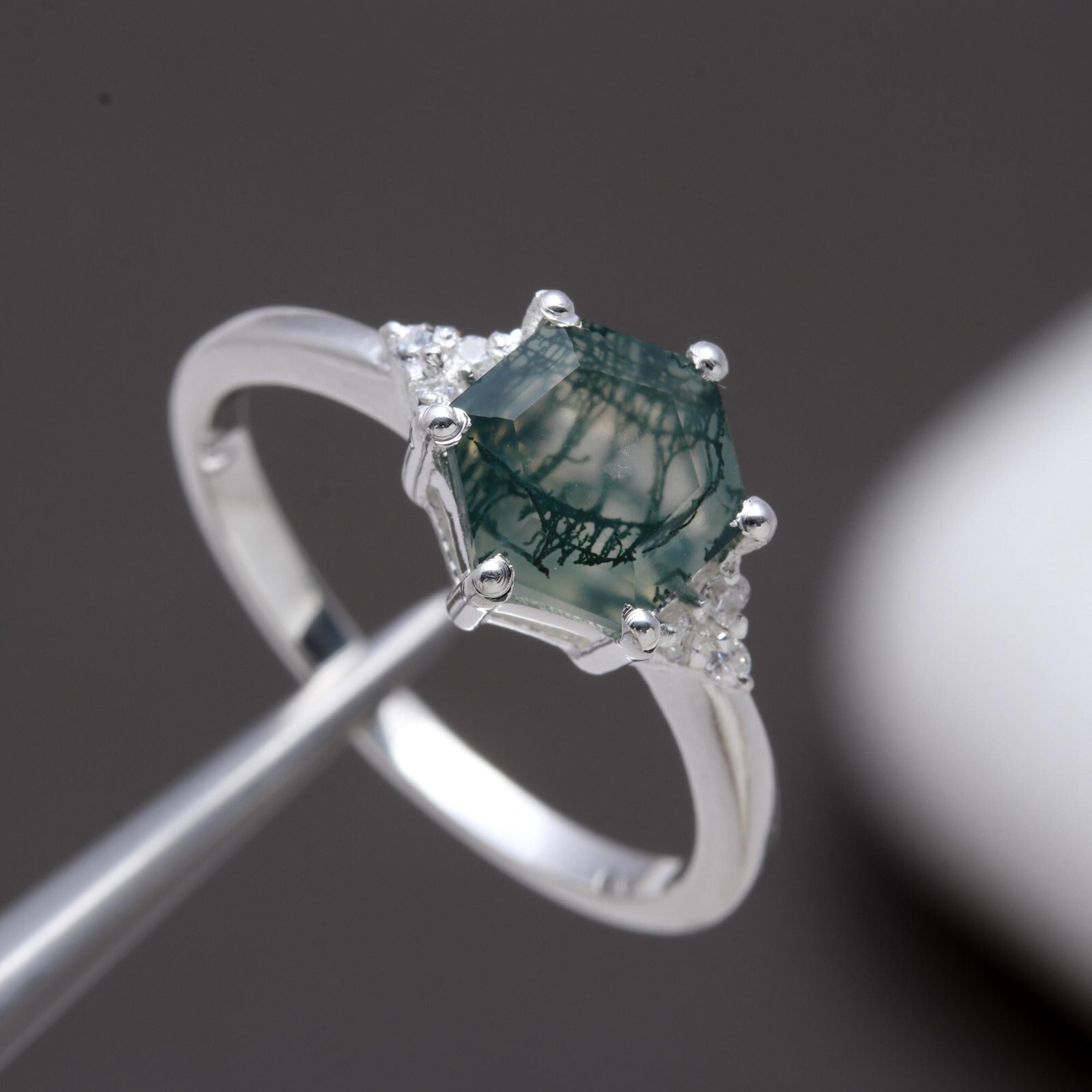 Moss Agate Engagement Ring in 925 Sterling Silver Custom Size  