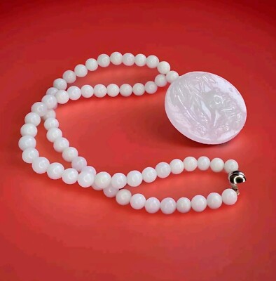 Natural Burmese Jade 8mm Beaded  Panda Carved Pendant Necklace In Rhodium Plat