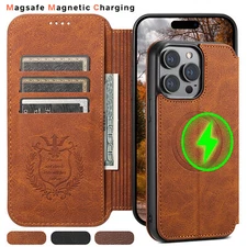 For iPhone 16 15 Pro Max 14 13 Mag safe Magnetic Leather Wallet Card Holder Case