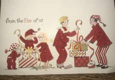 Vtg Xmas Card From 5 Of Us Flocked Matching Pajamas Family Lot Unused 1950’s