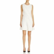 Elie Tahari Dress 6 White Textured Stretch Crepe Studded Fit & Flare Sleeveless