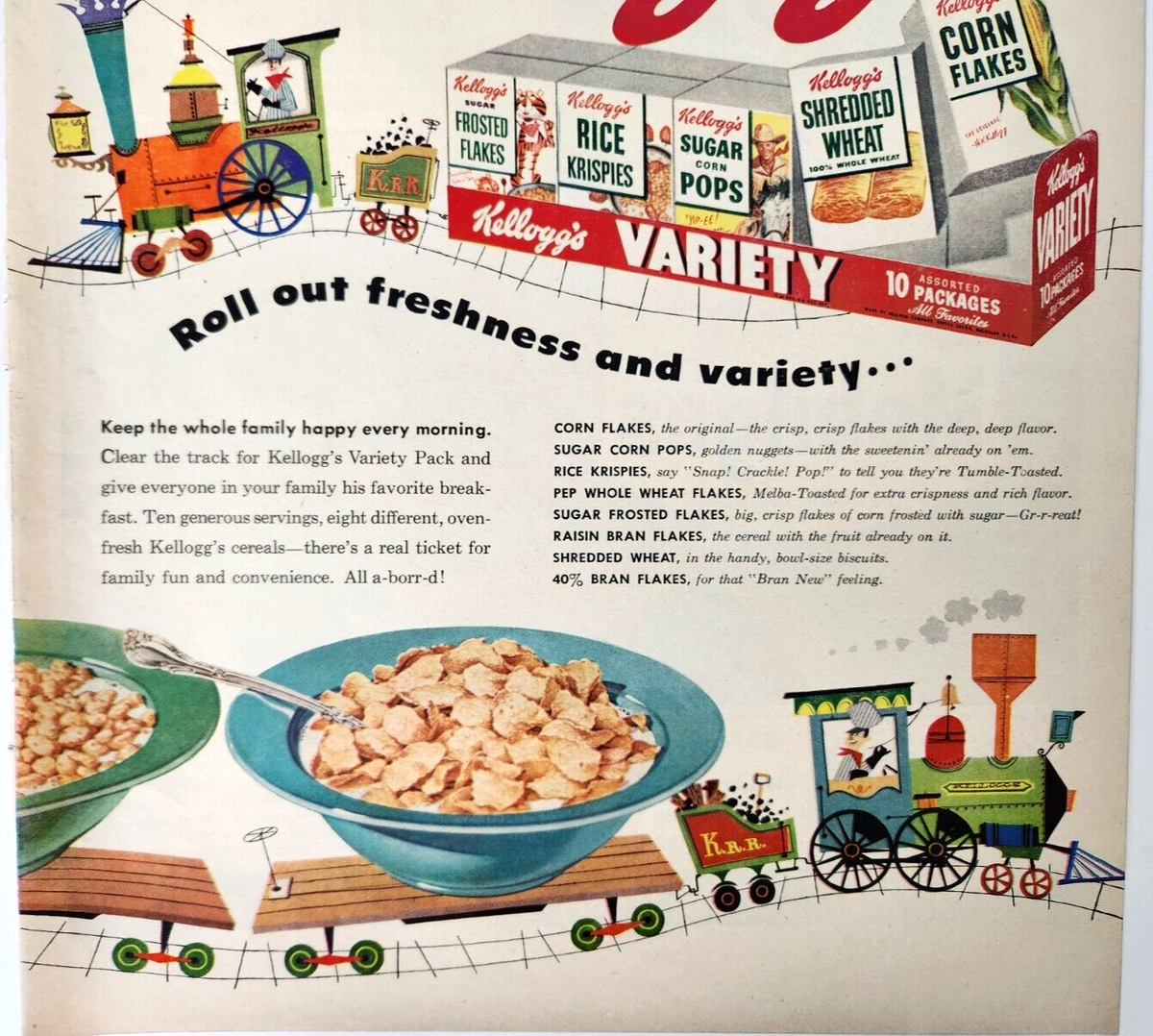 Choo Choo Train Kelloggs Corn Flakes Cereal Vintage 1953 Ad