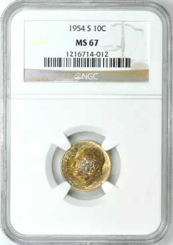 1954-S NGC MS67 Rainbow Toned Obverse Color Uncirculated Roosevelt Dime Gem BU