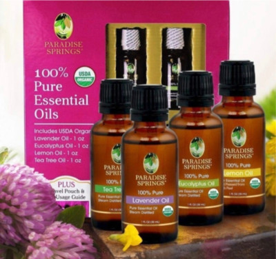 Paradise Springs Essential Oils | 4 Bottles Eucalyptus Lavender Lemon & Tea Tree