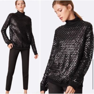 Tory Burch Black Lansing Merino Wool Blend Open Knit Sequin Sweater Women s XS