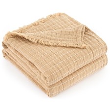 GINAMUSE 100 Cotton Muslin King Size Throw Blanket 108"x90" Beige