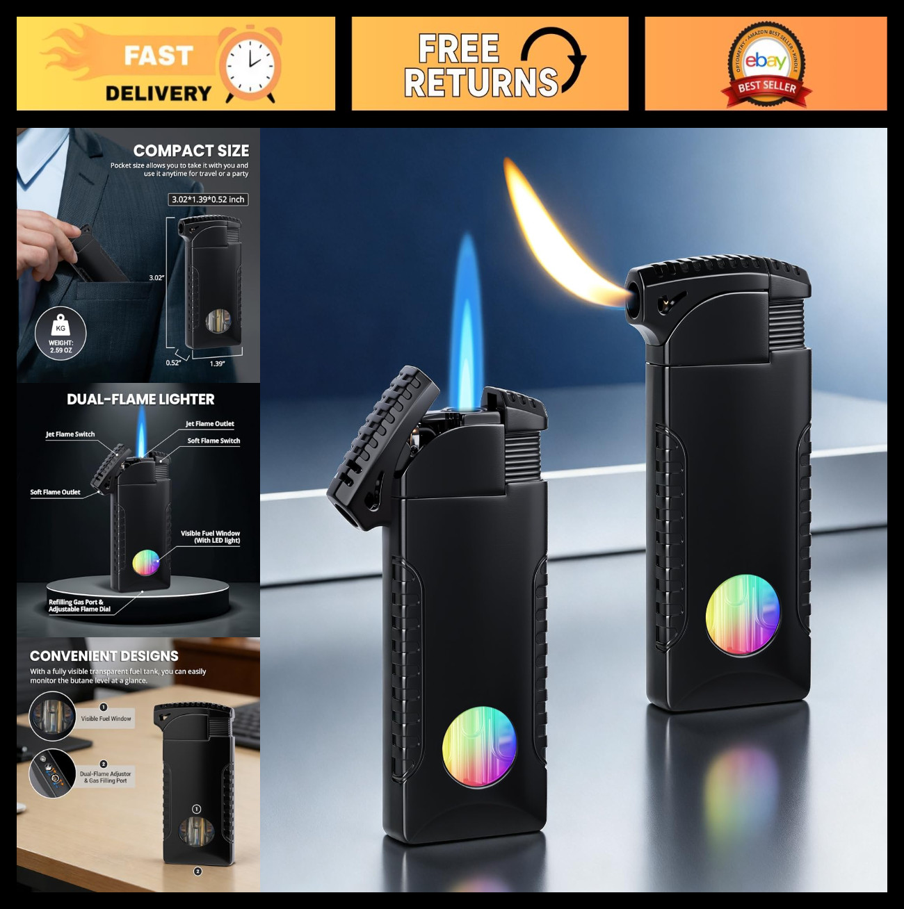 - Refillable Jet/soft Flame, Visible Fuel Window