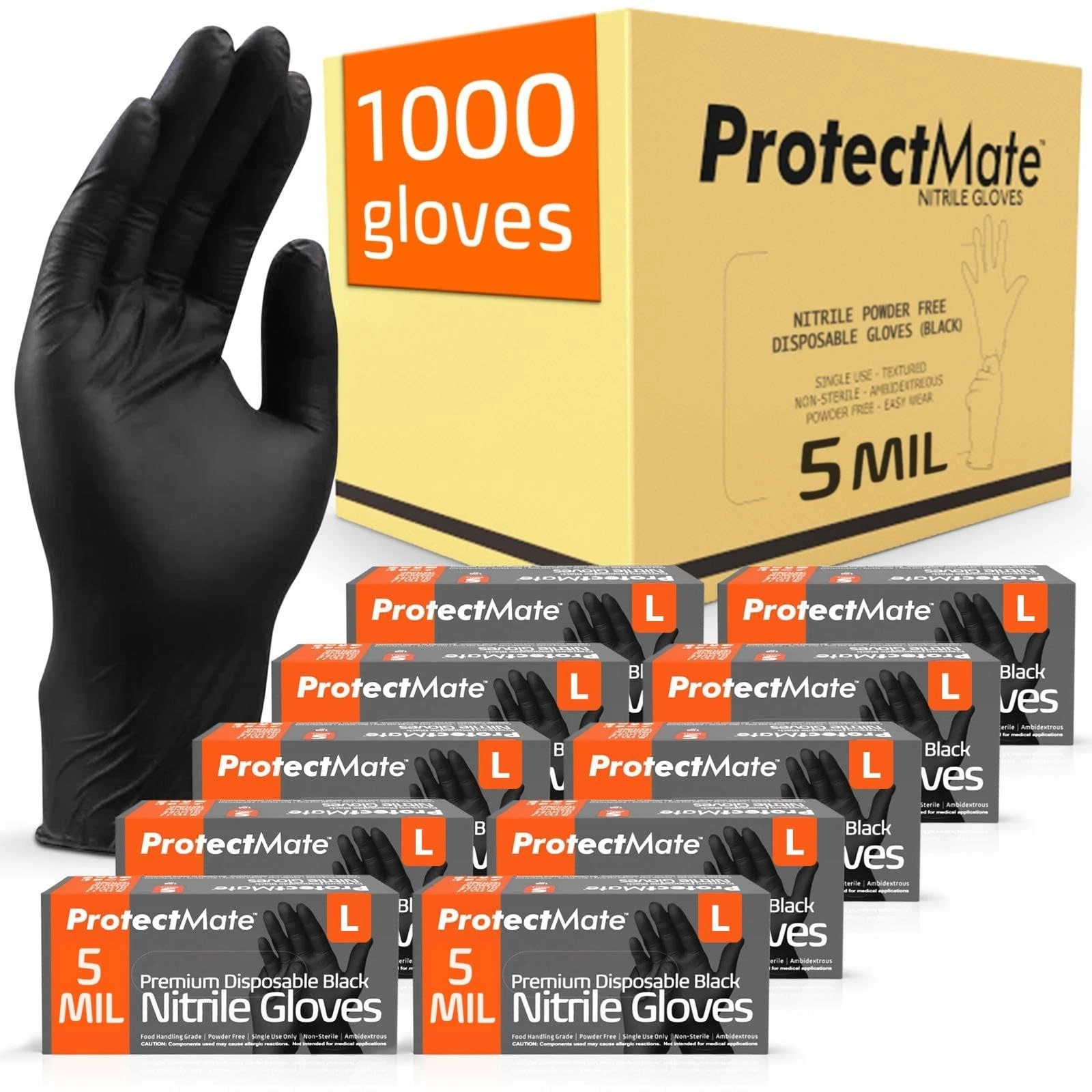 Protectmate 5 Mil Black Nitrile Gloves for Food Case of 1000, 1000