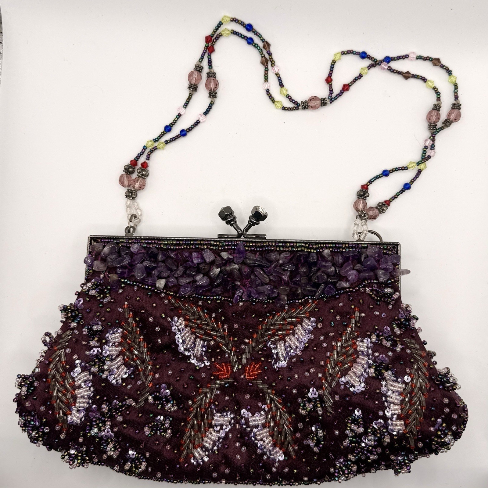 Purple Beaded Evening Bag Clutch Shoulder Purse Amethyst Stone Kiss Lock Handbag