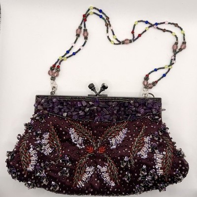 Purple Beaded Evening Bag Clutch Shoulder Purse Amethyst Stone Kiss Lock Handbag