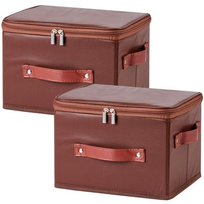 2PCS Storage Bins Boxes with Zipper Lid PU Leather Waterproof Fabric Lidded S...