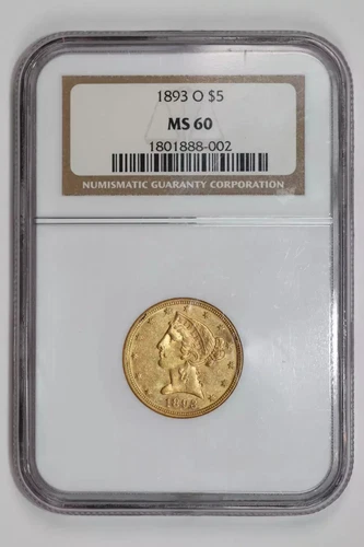 1893-O $5 GOLD LIBERTY HALF EAGLE NGC MS60