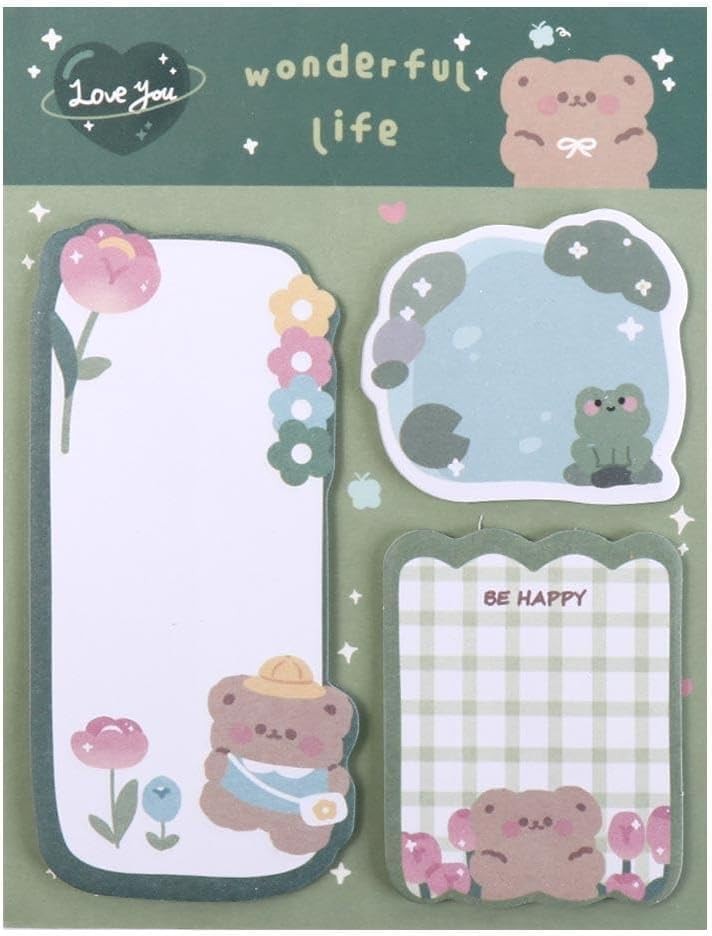 Animal Themed Sticky Notes Set, Cartoon Rabbit Bear Design 200 Pieces, Blue