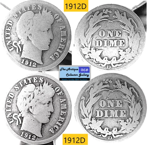 2 Antique 1912 D⌛US Denver Mint Silver Barber Dimes🪙As Depicted🪙