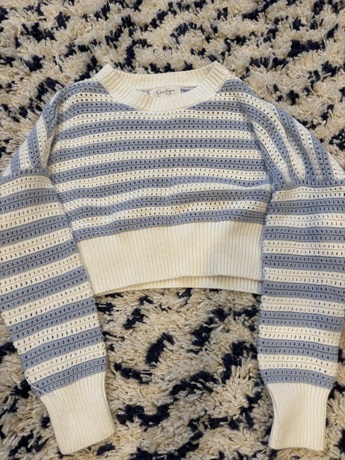 Jessica Simpson Women's Blue/White Striped Knit Crew Neck Pullover Sweater M