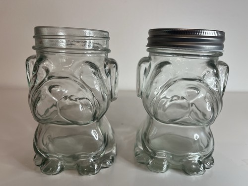 (Set of 2) Vintage Pitbull Boxer Puppy Dog Clear Glass Jar Canister Tumbler 5.5"