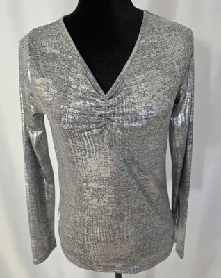 Bebe Silver Metallic Long Sleeve V Neck Top  NWT  