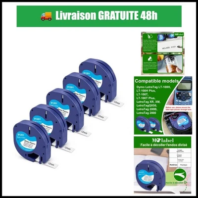 5 Rubans Dymo LetraTag 12mm x 4m Noir sur Blanc 91221 91201 - Photo 1/4