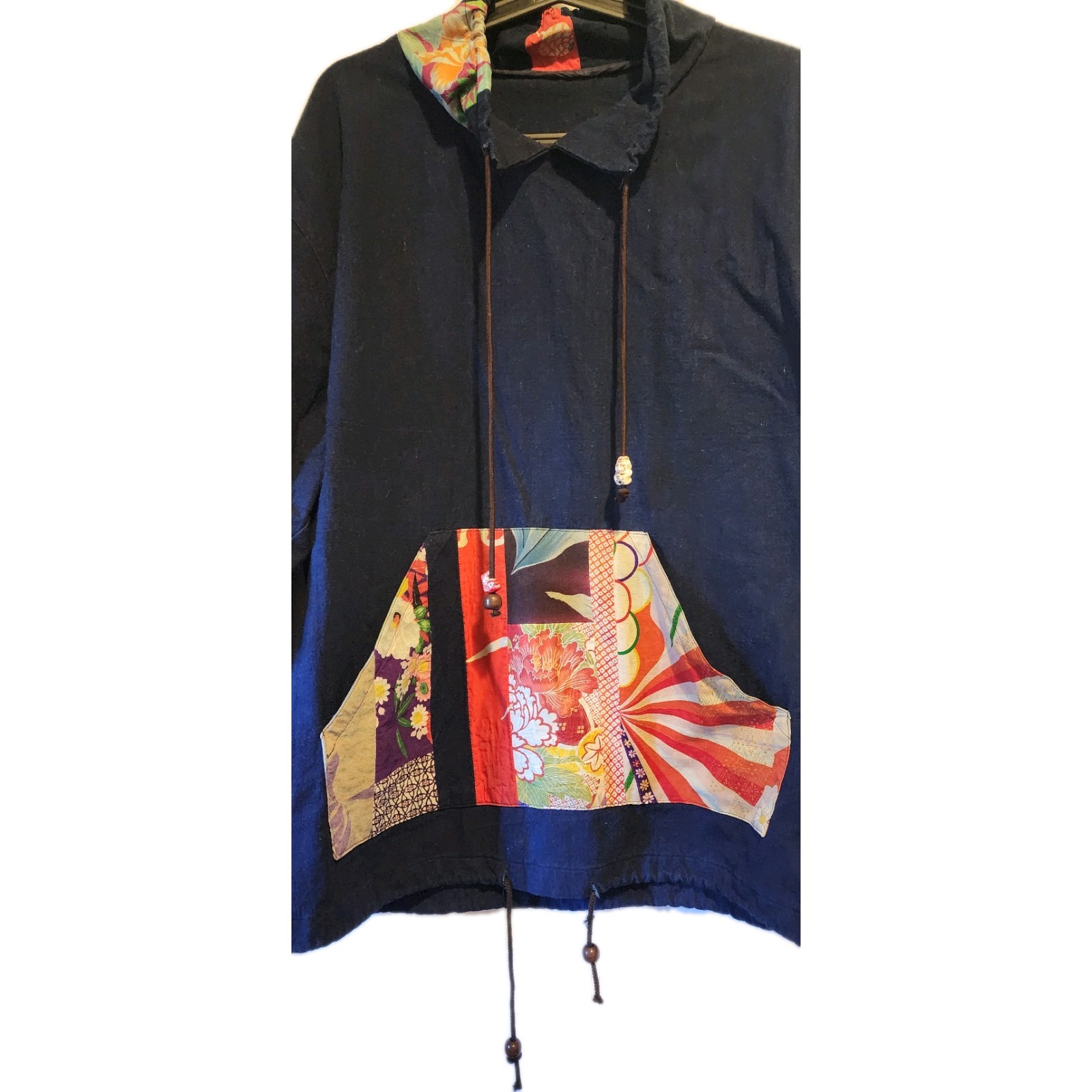 Patchwork Beaded Drawstring Navy Pullover Hoodie … - image 3