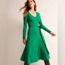 Boden Emilie Solid Green Jersey Knit Long Sleeve Midi Dress Tie Waist Size 6 NWT