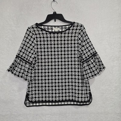 Max Studio Women's Size M Geometric Knit Top 1/2 Flare White Black Classic Retro