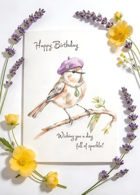Happy Birthday Karte. Vogel mit Barett und Schmuck. A6 Größe 105 x 148mm.