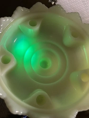 Vintage Fenton Uranium Vaseline Glass Custard Hobnail 6 Candle Holder MCM