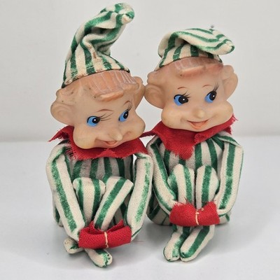 Vtg Green & White Striped Pixie Knee Hugger Elf LOT 2 Elves Japan Christmas